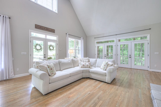 114 Moonlight Dr, Gallatin, TN 37066 - living room featuring french doors, high vaulted ceiling, healthy amount of natural light, and light wood-style floors