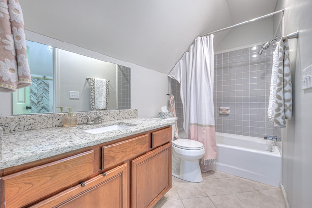 114 Moonlight Dr, Gallatin, TN 37066 - bathroom with tile patterned floors, lofted ceiling, vanity, toilet, and shower / bathtub combination with curtain