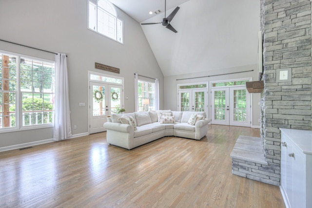 114 Moonlight Dr, Gallatin, TN 37066 - living room with high vaulted ceiling, french doors, a ceiling fan, and plenty of natural light
