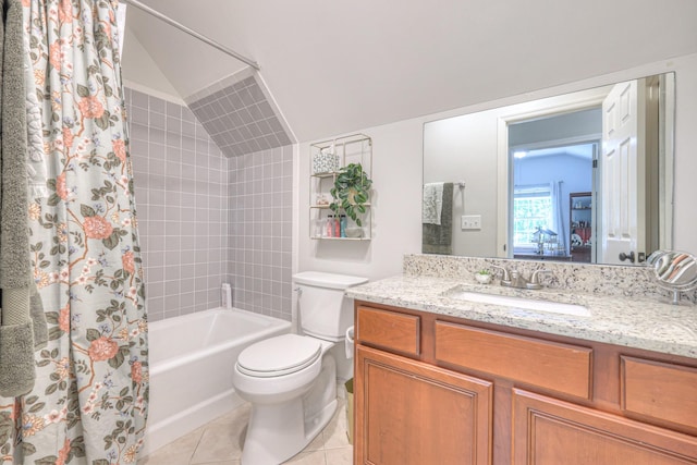 114 Moonlight Dr, Gallatin, TN 37066 - bathroom with tile patterned flooring, toilet, vanity, shower / tub combo, and vaulted ceiling