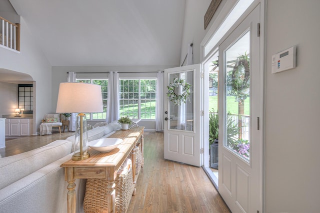 114 Moonlight Dr, Gallatin, TN 37066 - foyer with light wood-style flooring, high vaulted ceiling, and arched walkways