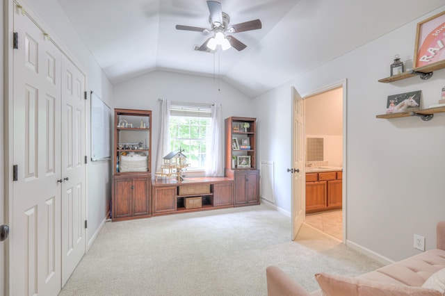 114 Moonlight Dr, Gallatin, TN 37066 - home office featuring light carpet, a ceiling fan, vaulted ceiling, and baseboards