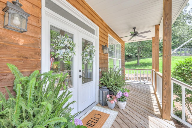 114 Moonlight Dr, Gallatin, TN 37066 - wooden deck featuring a porch, a ceiling fan, and french doors