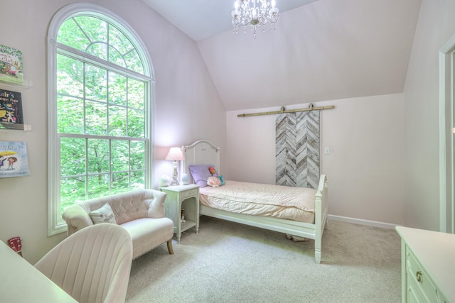 114 Moonlight Dr, Gallatin, TN 37066 - bedroom featuring vaulted ceiling, light carpet, and a chandelier
