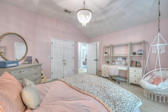 114 Moonlight Dr, Gallatin, TN 37066 - bedroom with lofted ceiling, carpet, a chandelier, and a closet