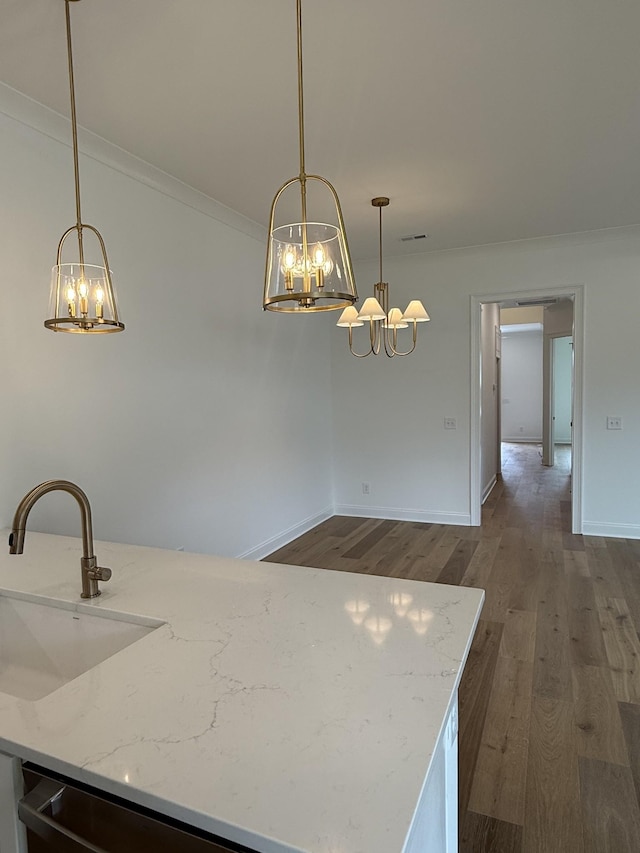 3150 Long Branch Cir, Franklin, TN 37064 - kitchen featuring a chandelier, a sink, dark wood-style floors, and light stone countertops