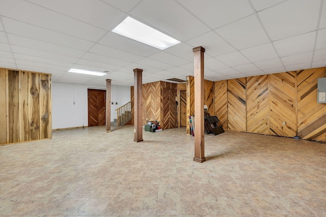 1760 Camp Branch Rd, Mount Pleasant, TN 38474 - finished basement with wooden walls, a drop ceiling, and stairway