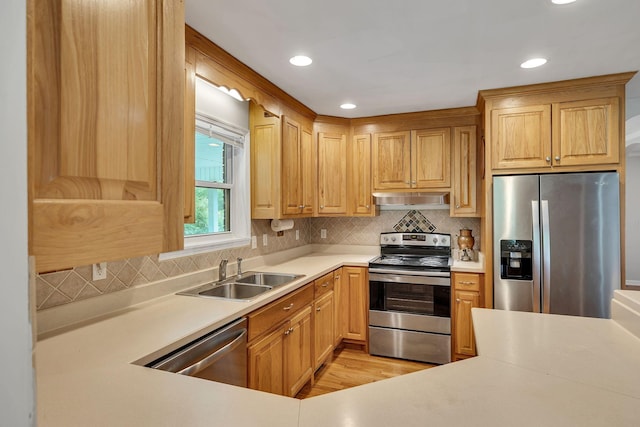 1760 Camp Branch Rd, Mount Pleasant, TN 38474 - kitchen with appliances with stainless steel finishes, a sink, exhaust hood, light countertops, and decorative backsplash