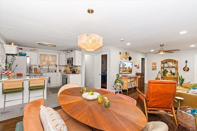 1304 Cheshire Dr, Nashville, TN 37207 - dining area featuring recessed lighting, a ceiling fan, and dark wood-style flooring