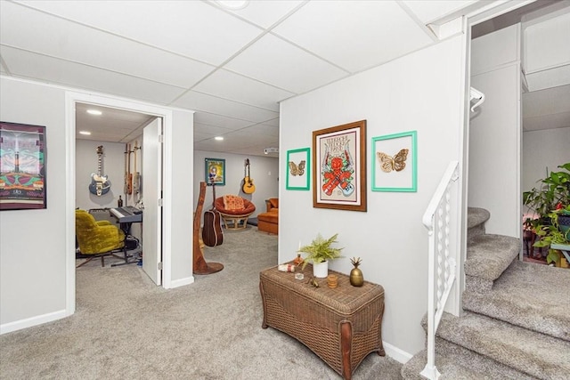 1304 Cheshire Dr, Nashville, TN 37207 - hallway featuring light carpet, stairs, baseboards, and a paneled ceiling