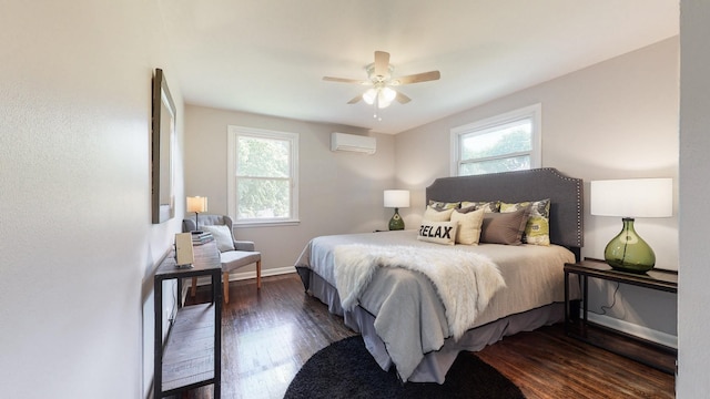 1304 Cheshire Dr, Nashville, TN 37207 - bedroom with an AC wall unit, dark wood-style flooring, ceiling fan, and baseboards