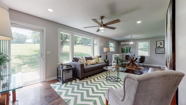 1304 Cheshire Dr, Nashville, TN 37207 - living area with wood finished floors, baseboards, recessed lighting, a ceiling fan, and a wall unit AC