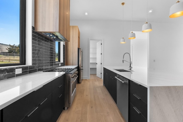 kitchen with modern cabinets, dark cabinetry, stainless steel appliances, a sink, and custom range hood