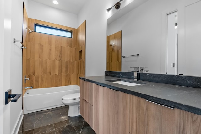 bathroom with toilet, shower / washtub combination, marble finish flooring, vanity, and recessed lighting
