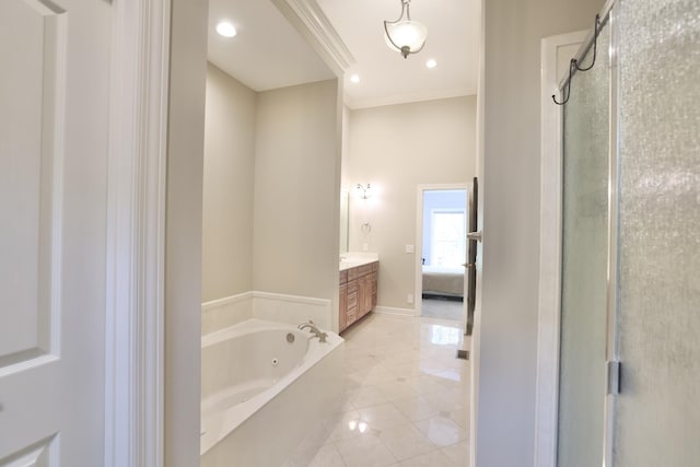 1005 Peck Pl, Hendersonville, TN 37075 - ensuite bathroom featuring vanity, a bath, a shower stall, tile patterned floors, and crown molding