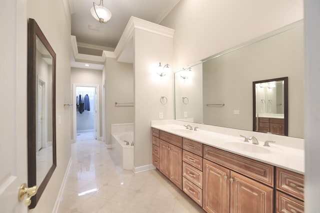 1005 Peck Pl, Hendersonville, TN 37075 - bathroom featuring ornamental molding, a bath, double vanity, baseboards, and tile patterned floors
