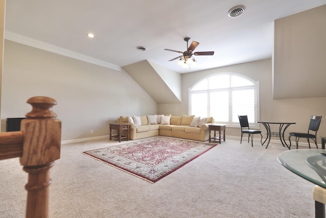 1005 Peck Pl, Hendersonville, TN 37075 - living room featuring ceiling fan, carpet floors, baseboards, ornamental molding, and recessed lighting