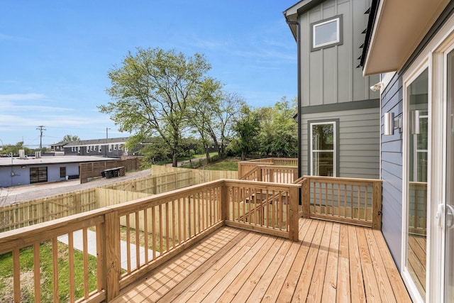 wooden deck with a fenced backyard