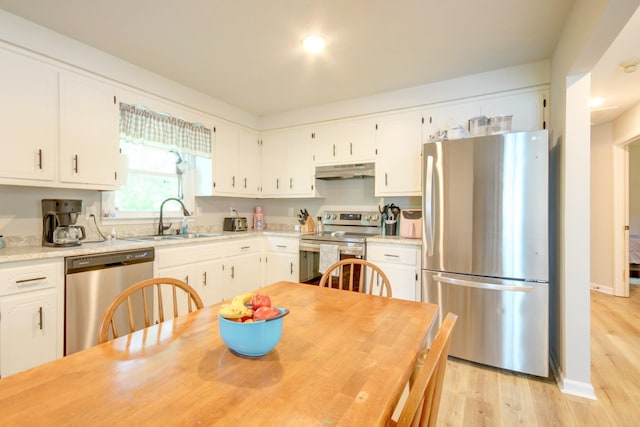 2878 Gusty Ln, Clarksville, TN 37043 - kitchen with appliances with stainless steel finishes, a sink, under cabinet range hood, light wood-style flooring, and white cabinets