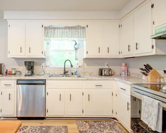 2878 Gusty Ln, Clarksville, TN 37043 - kitchen with stainless steel dishwasher, a sink, electric stove, white cabinets, and light wood-type flooring