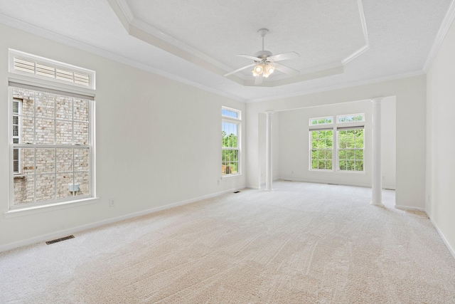 spare room featuring a raised ceiling, crown molding, carpet flooring, and a ceiling fan