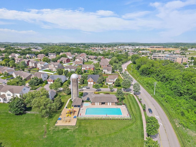 aerial overview of property's location featuring a pool area