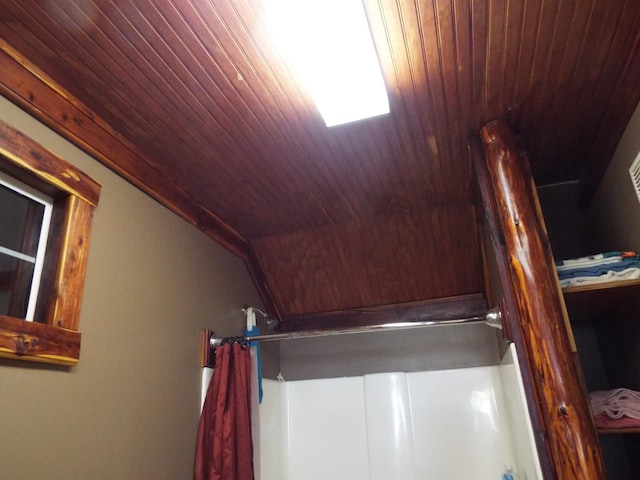 165 E Main St, Alexandria, TN 37012 - detailed view of a shower with curtain and wooden ceiling