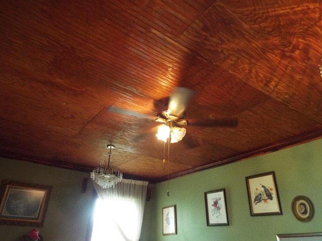 165 E Main St, Alexandria, TN 37012 - detailed view of crown molding, wood ceiling, a ceiling fan, and a chandelier