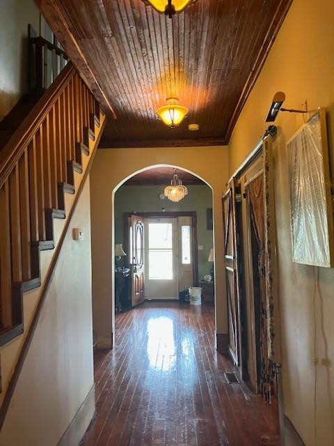 165 E Main St, Alexandria, TN 37012 - hallway with arched walkways, wooden ceiling, stairway, wood-type flooring, and baseboards