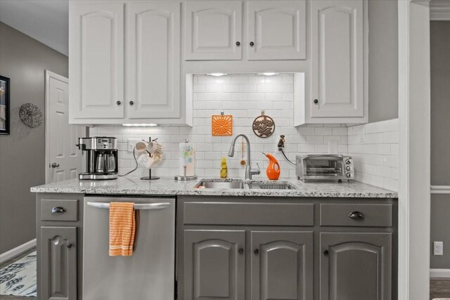 1209 Corlew Dr, Burns, TN 37029 - kitchen featuring stainless steel dishwasher, a sink, gray cabinets, baseboards, and tasteful backsplash