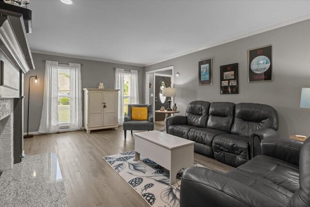 1209 Corlew Dr, Burns, TN 37029 - living room with ornamental molding, a fireplace, and light wood finished floors