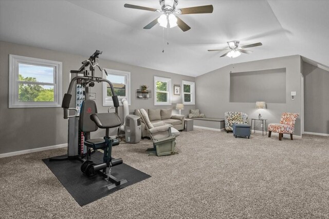 1209 Corlew Dr, Burns, TN 37029 - exercise room with carpet, ceiling fan, baseboards, and lofted ceiling