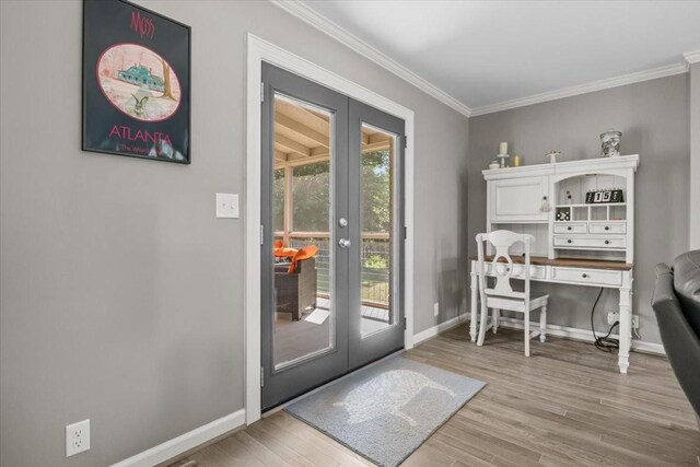 1209 Corlew Dr, Burns, TN 37029 - office with french doors, crown molding, wood finished floors, and baseboards