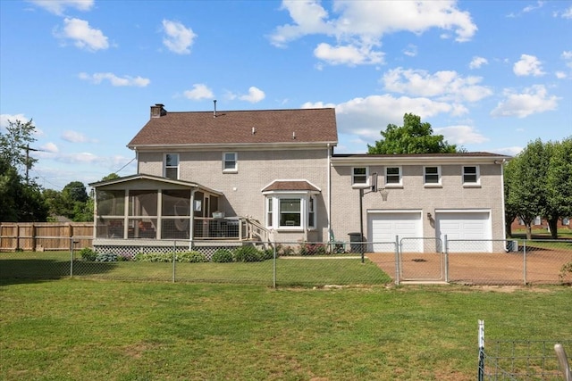 1209 Corlew Dr, Burns, TN 37029 - rear view of house featuring a sunroom, a garage, and a chimney