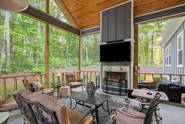 120 Destineys Way, Gruetli Laager, TN 37339 - sunroom featuring an outdoor living space with a fireplace and vaulted ceiling