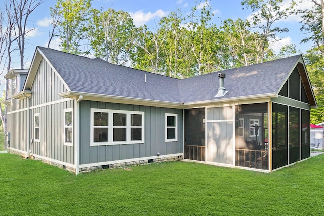120 Destineys Way, Gruetli Laager, TN 37339 - back of property with a shingled roof, a sunroom, a yard, and board and batten siding