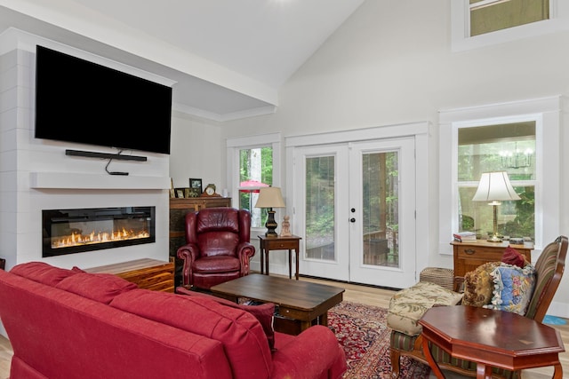 120 Destineys Way, Gruetli Laager, TN 37339 - living room with french doors, wood finished floors, high vaulted ceiling, and a glass covered fireplace