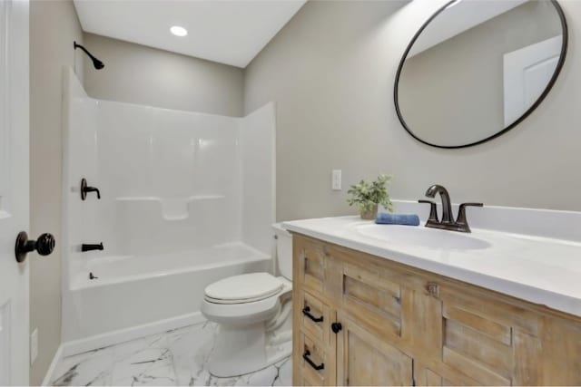 2582 Gap Rd, Altamont, TN 37301 - full bathroom featuring marble finish floors, toilet, vanity, baseboards, and shower / washtub combination