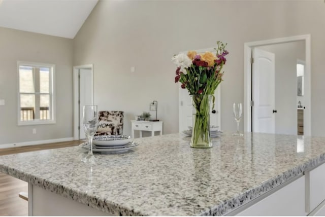 2582 Gap Rd, Altamont, TN 37301 - kitchen featuring white cabinetry, light stone counters, light wood-style flooring, open floor plan, and high vaulted ceiling
