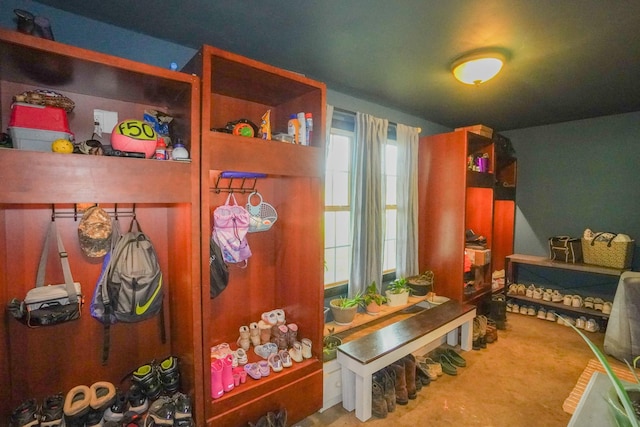 mudroom with carpet floors