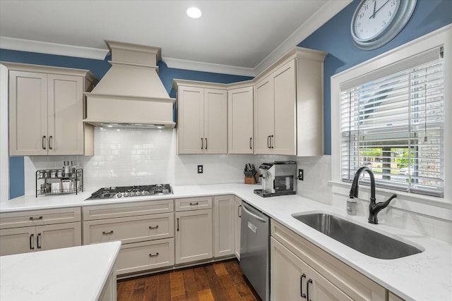 429 Finnhorse Ln, Franklin, TN 37064 - kitchen featuring stainless steel appliances, custom exhaust hood, a sink, crown molding, and backsplash