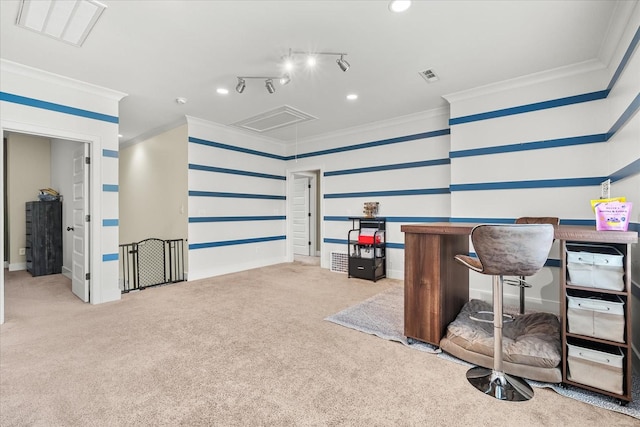 429 Finnhorse Ln, Franklin, TN 37064 - office area featuring attic access, ornamental molding, carpet flooring, recessed lighting, and baseboards