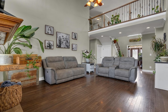 1607 Edgewater Ln, Clarksville, TN 37043 - living area featuring baseboards, ceiling fan, dark wood finished floors, and a high ceiling