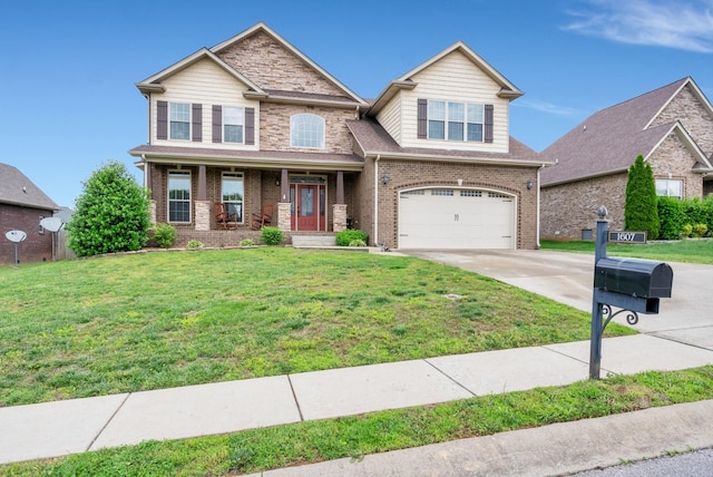 1607 Edgewater Ln, Clarksville, TN 37043 - craftsman house with brick siding, an attached garage, concrete driveway, a front yard, and covered porch