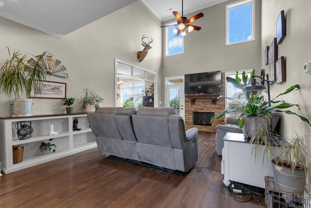 1607 Edgewater Ln, Clarksville, TN 37043 - living room with crown molding, a ceiling fan, a fireplace, wood finished floors, and a high ceiling