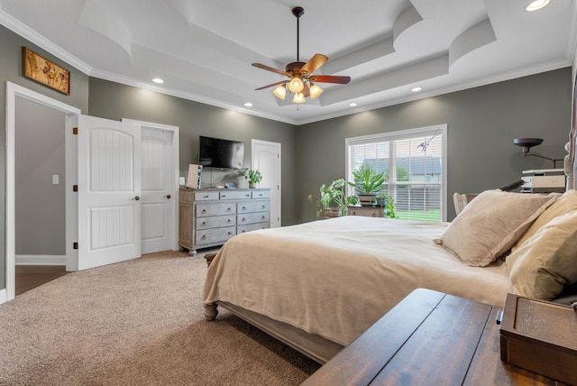 1607 Edgewater Ln, Clarksville, TN 37043 - carpeted bedroom with a raised ceiling, ornamental molding, recessed lighting, and ceiling fan