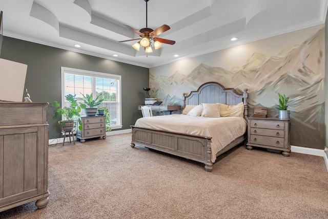 1607 Edgewater Ln, Clarksville, TN 37043 - bedroom featuring a tray ceiling, light colored carpet, crown molding, recessed lighting, and baseboards