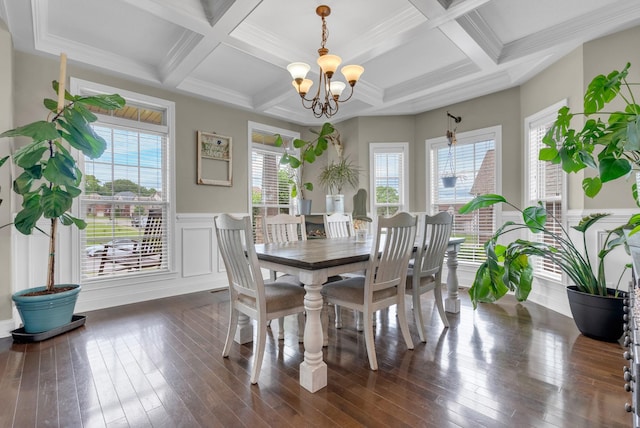 1607 Edgewater Ln, Clarksville, TN 37043 - dining space with a chandelier, dark wood-style flooring, coffered ceiling, beamed ceiling, and a wainscoted wall