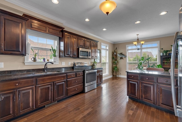 1607 Edgewater Ln, Clarksville, TN 37043 - kitchen with stainless steel appliances, a sink, ornamental molding, a chandelier, and dark brown cabinetry