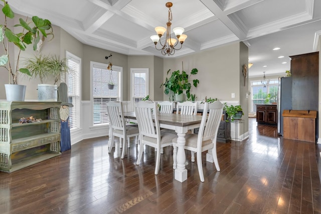 1607 Edgewater Ln, Clarksville, TN 37043 - dining area with a chandelier, coffered ceiling, dark wood-style flooring, beamed ceiling, and recessed lighting
